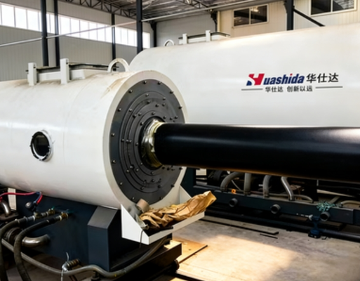 Automatic production line for vacuum-calibrated district heating pre-insulated pipes