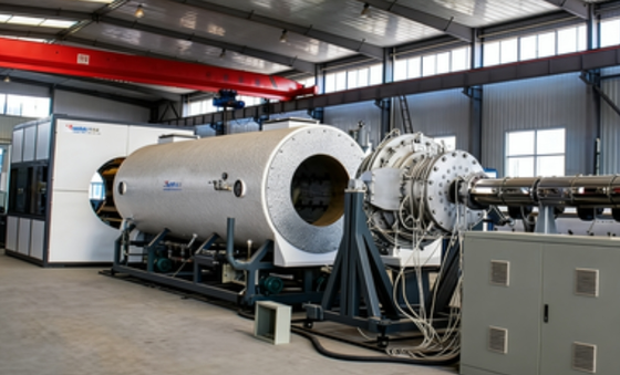Automatic production line for vacuum-calibrated district heating pre-insulated pipes